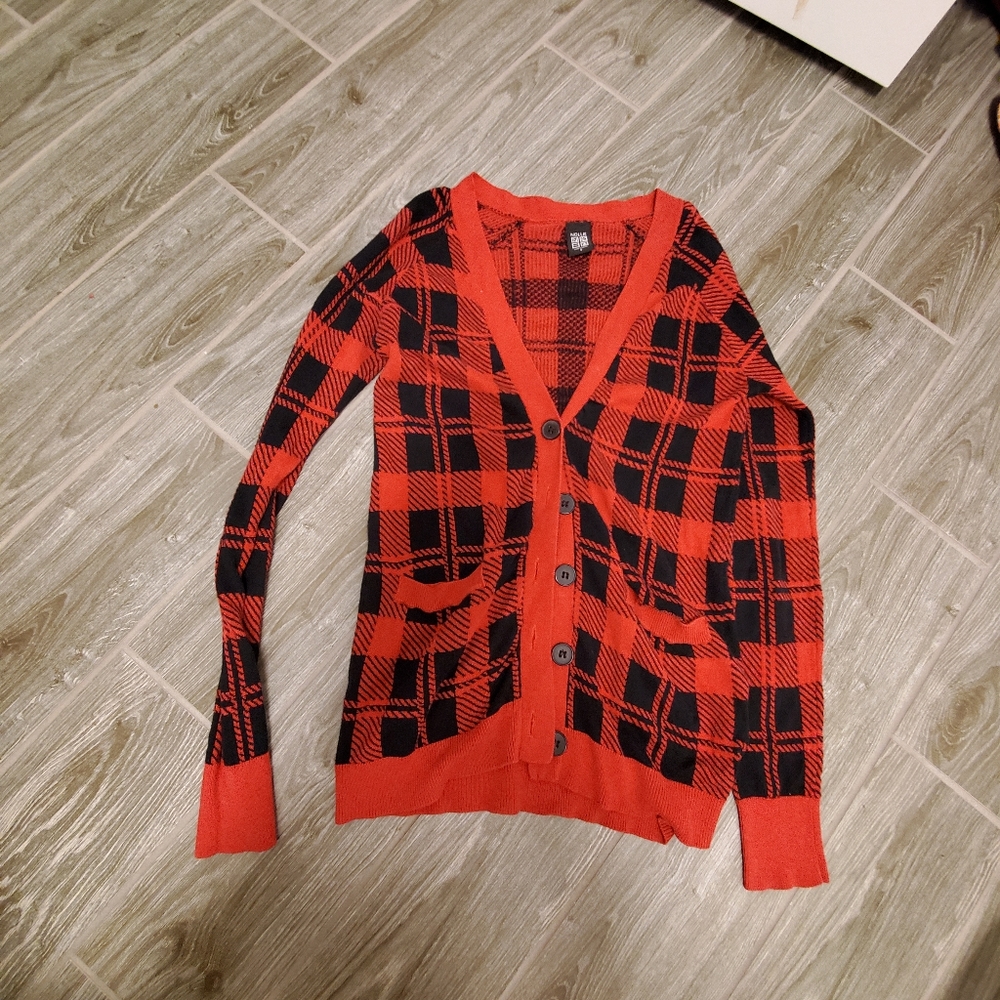 Red and black plaid cardigan
